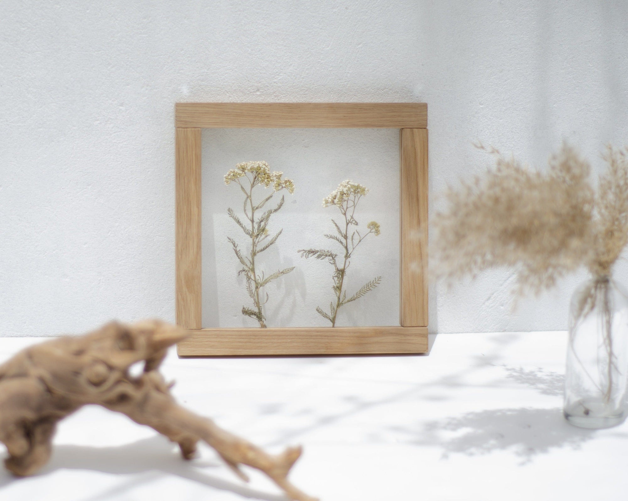 Pressed Flower Art 8x8 - Yarrow flowers - Emerald Rabbit